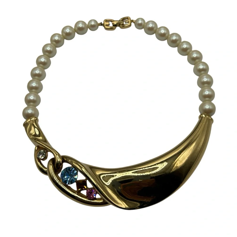 Vintage Givenchy Modernist Rhinestone Faux Pearl Necklace